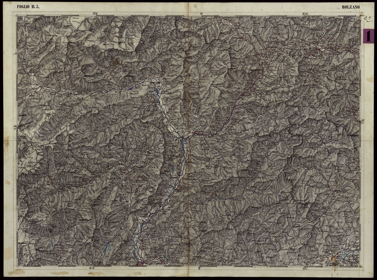 (N:110) CARTA COROGRAFICA DEI VERSANTI SETTENTRIONALI E MERIDIONALI DELLE ALPI RETICHE CARNICHE E GIULIE IN 25 FOGLI - FOGLIO B.3 BOLZANO (CA004006) Carte e stampe antiche: riproduzione a colori su carta (formato A1)
