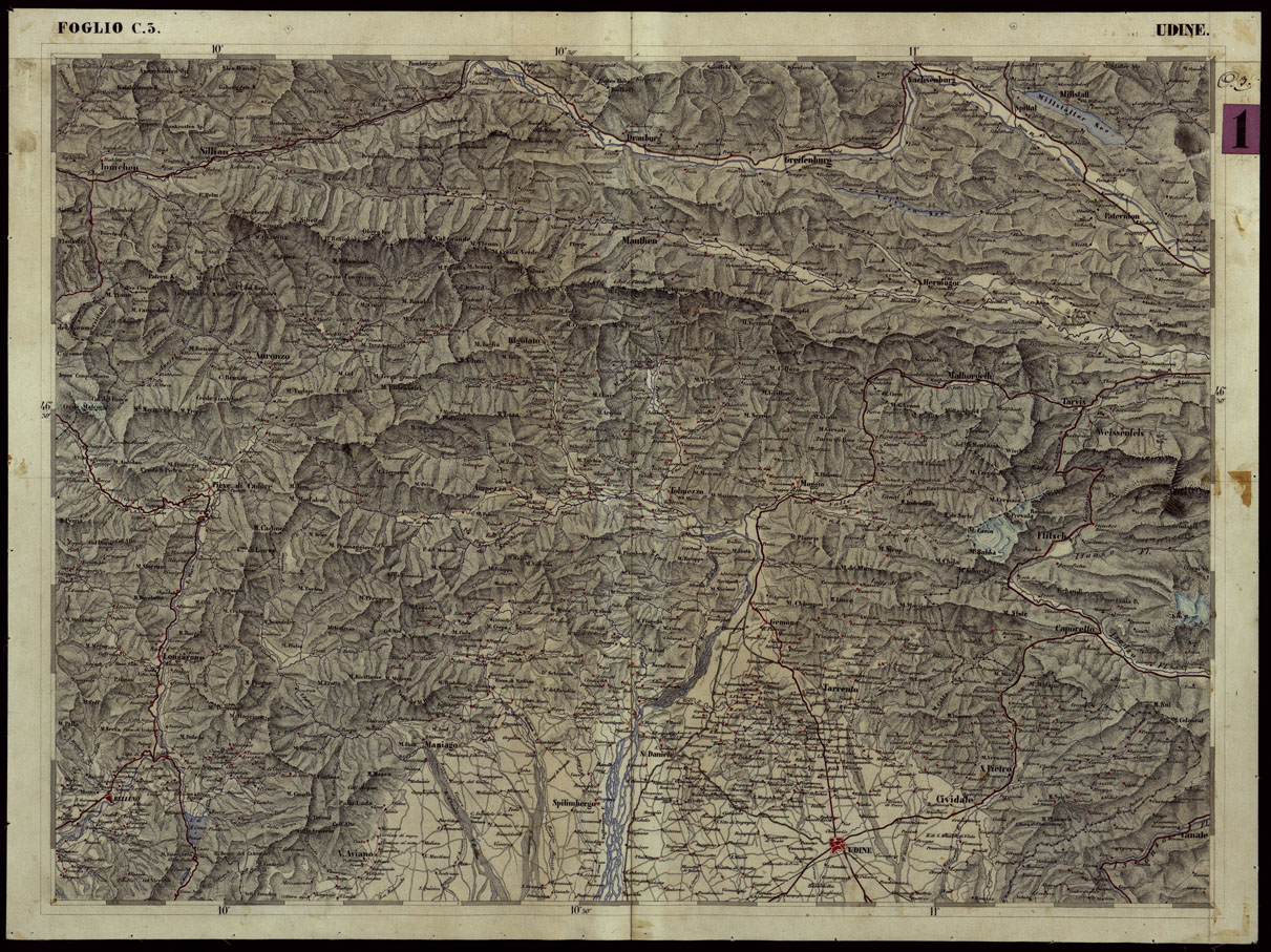 (N:115) CARTA COROGRAFICA DEI VERSANTI SETTENTRIONALI E MERIDIONALI DELLE ALPI RETICHE CARNICHE E GIULIE IN 25 FOGLI - FOGLIO C.3 UDINE (CA004011) Carte e stampe antiche: riproduzione a colori su carta (formato A1)
