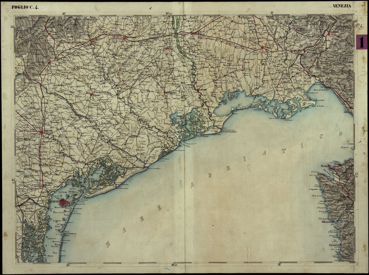(N:116) CARTA COROGRAFICA DEI VERSANTI SETTENTRIONALI E MERIDIONALI DELLE ALPI RETICHE CARNICHE E GIULIE IN 25 FOGLI - FOGLIO C.4 VENEZIA (CA004012) Carte e stampe antiche: riproduzione a colori su carta (formato A1)