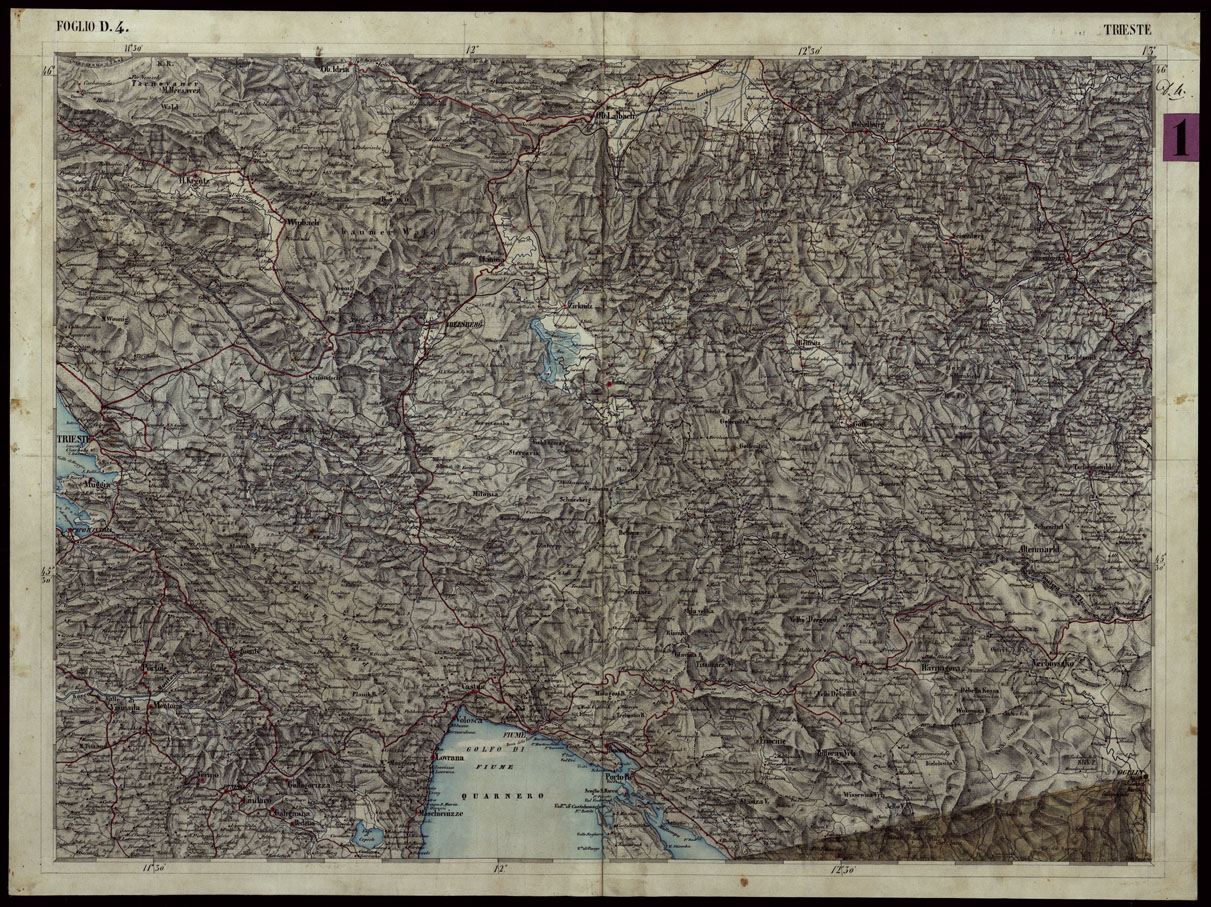 (N:121) CARTA COROGRAFICA DEI VERSANTI SETTENTRIONALI E MERIDIONALI DELLE ALPI RETICHE CARNICHE E GIULIE IN 25 FOGLI - FOGLIO D.4 TRIESTE (CA004017) Carte e stampe antiche: riproduzione a colori su carta (formato A1)