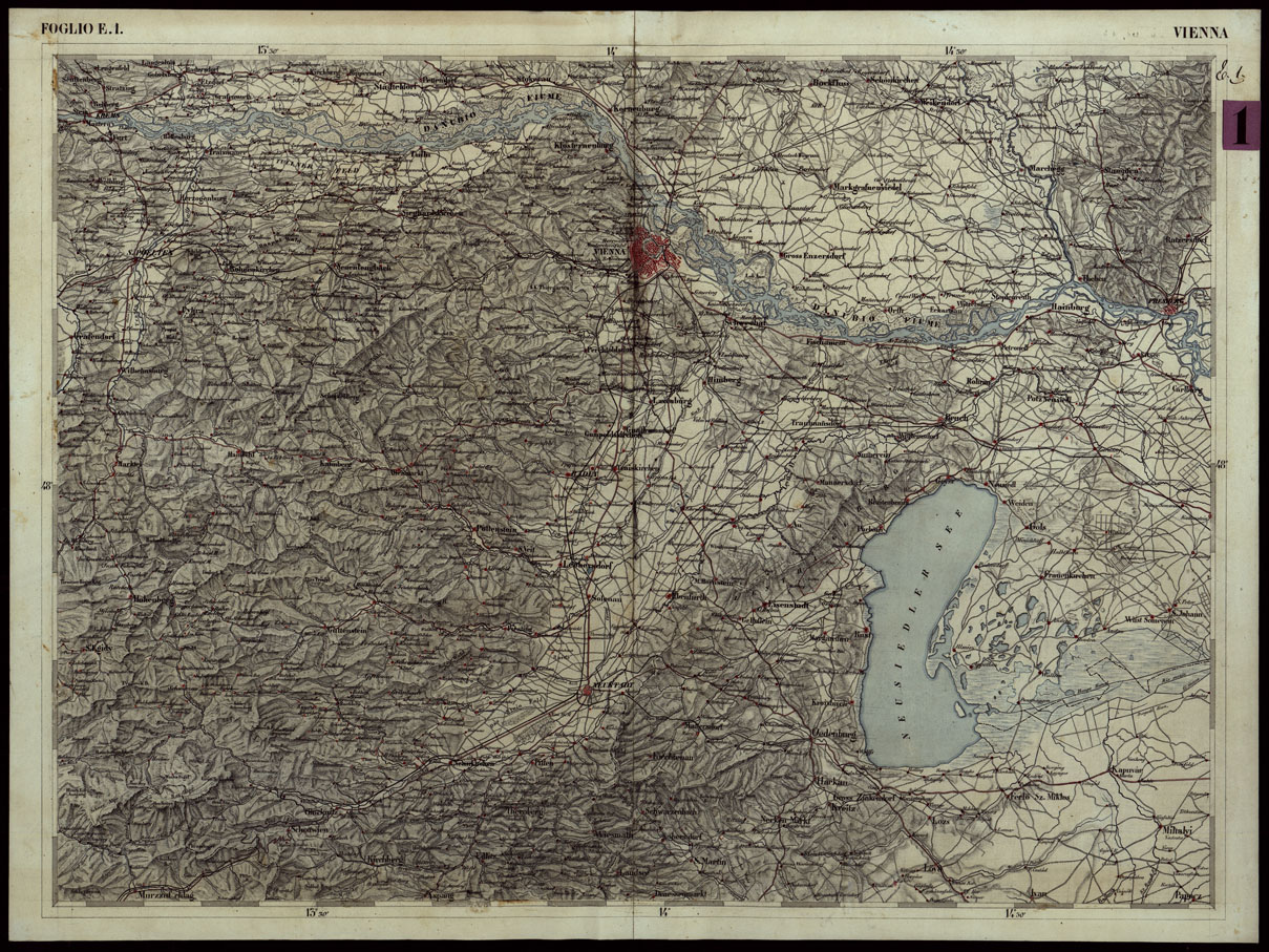 (N:123) CARTA COROGRAFICA DEI VERSANTI SETTENTRIONALI E MERIDIONALI DELLE ALPI RETICHE CARNICHE E GIULIE IN 25 FOGLI - FOGLIO E.1 VIENNA (CA004019) Carte e stampe antiche: riproduzione a colori su carta (formato A1)