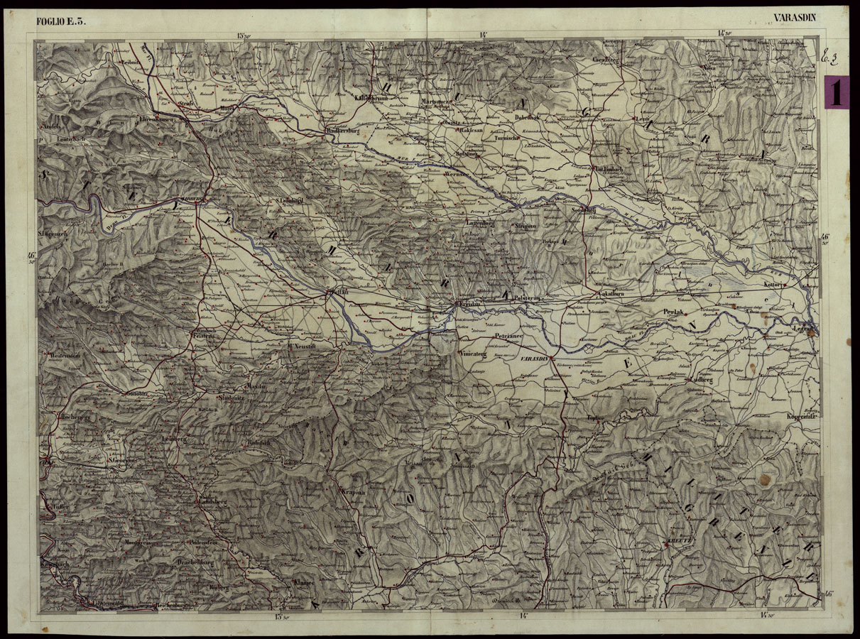 (N:125) CARTA COROGRAFICA DEI VERSANTI SETTENTRIONALI E MERIDIONALI DELLE ALPI RETICHE CARNICHE E GIULIE IN 25 FOGLI - FOGLIO E.3 VARASDIN (CA004021) Carte e stampe antiche: riproduzione a colori su carta (formato A1)