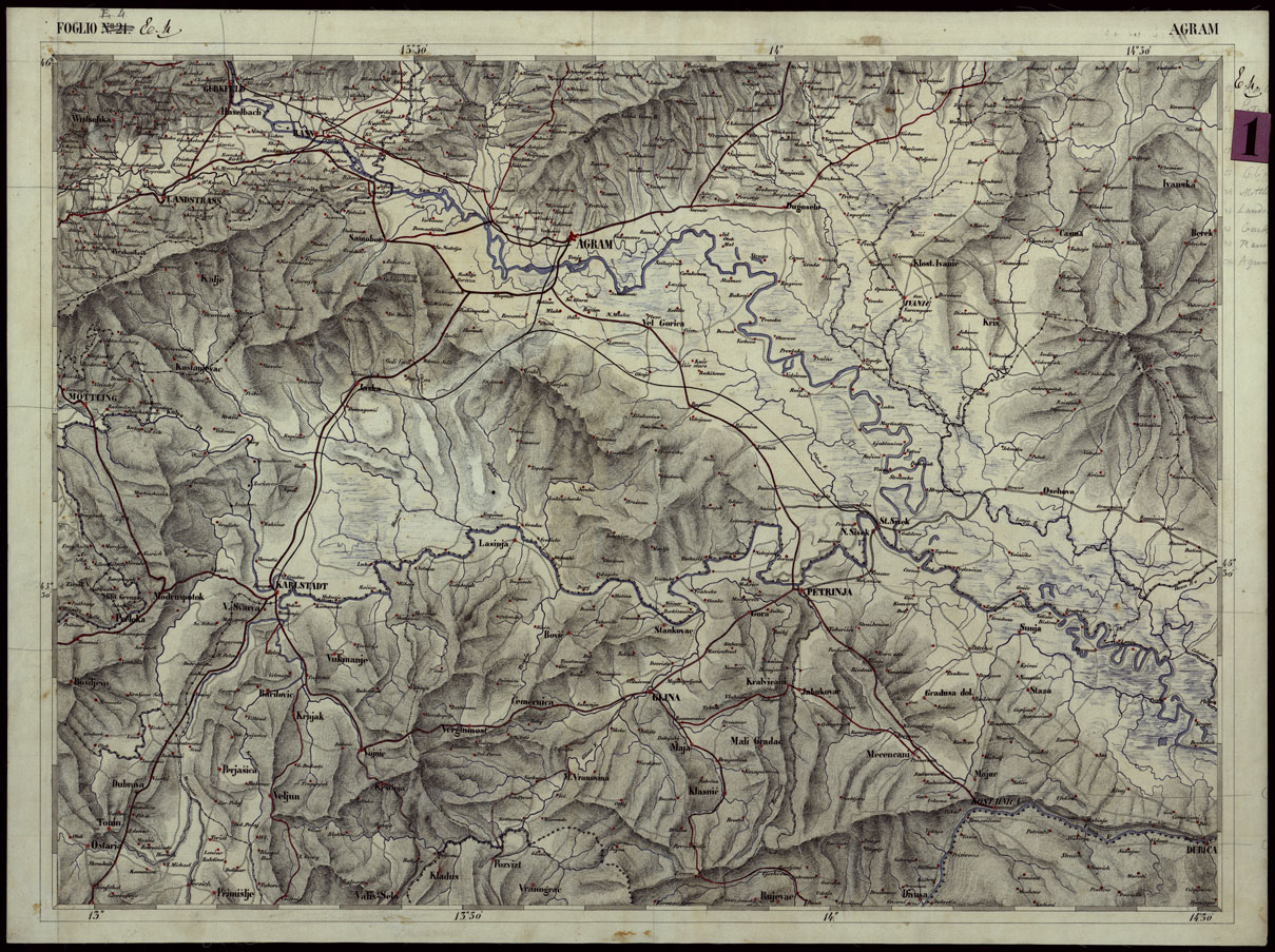 (N:126) CARTA COROGRAFICA DEI VERSANTI SETTENTRIONALI E MERIDIONALI DELLE ALPI RETICHE CARNICHE E GIULIE IN 25 FOGLI - FOGLIO E.4 AGRAM (CA004022) Carte e stampe antiche: riproduzione a colori su carta (formato A1)