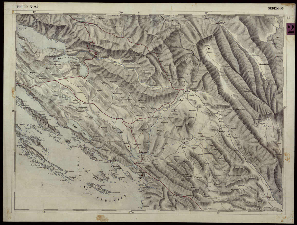 (N:24779) CARTA COROGRAFICA DEI VERSANTI SETTENTRIONALI E MERIDIONALI DELLE ALPI RETICHE, CARNICHE E GIULIE - Foglio 23 Sebenico (CA004030) Carte e stampe antiche: riproduzione a colori su carta (formato A1)