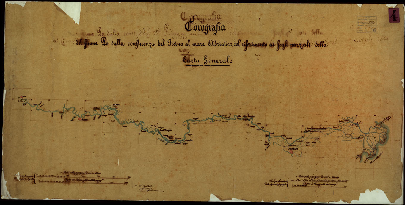 (N:9156) Corografia del fiume Po dalla confluenza del Ticino al Mare Adriatico, col riferimento ai fogli parziali della Carta Generale - Quadro d'unione (CA004043) Carte e stampe antiche: riproduzione a colori su carta (formato A1)