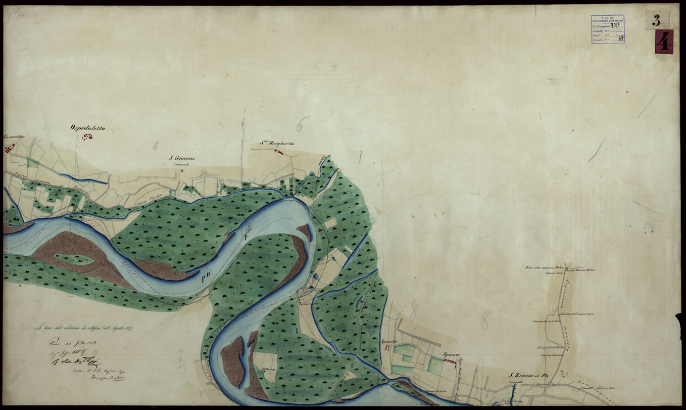 (N:9178) Corografia del fiume Po dalla confluenza del Ticino al Mare Adriatico, col riferimento ai fogli parziali della Carta Generale -Tavola 3 (CA004046) Carte e stampe antiche: riproduzione a colori su carta (formato A1)