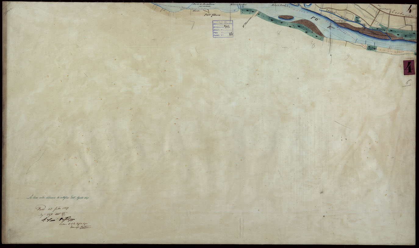 (N:9189) Corografia del fiume Po dalla confluenza del Ticino al Mare Adriatico, col riferimento ai fogli parziali della Carta Generale -Tavola 4 (CA004047) Carte e stampe antiche: riproduzione a colori su carta (formato A1)