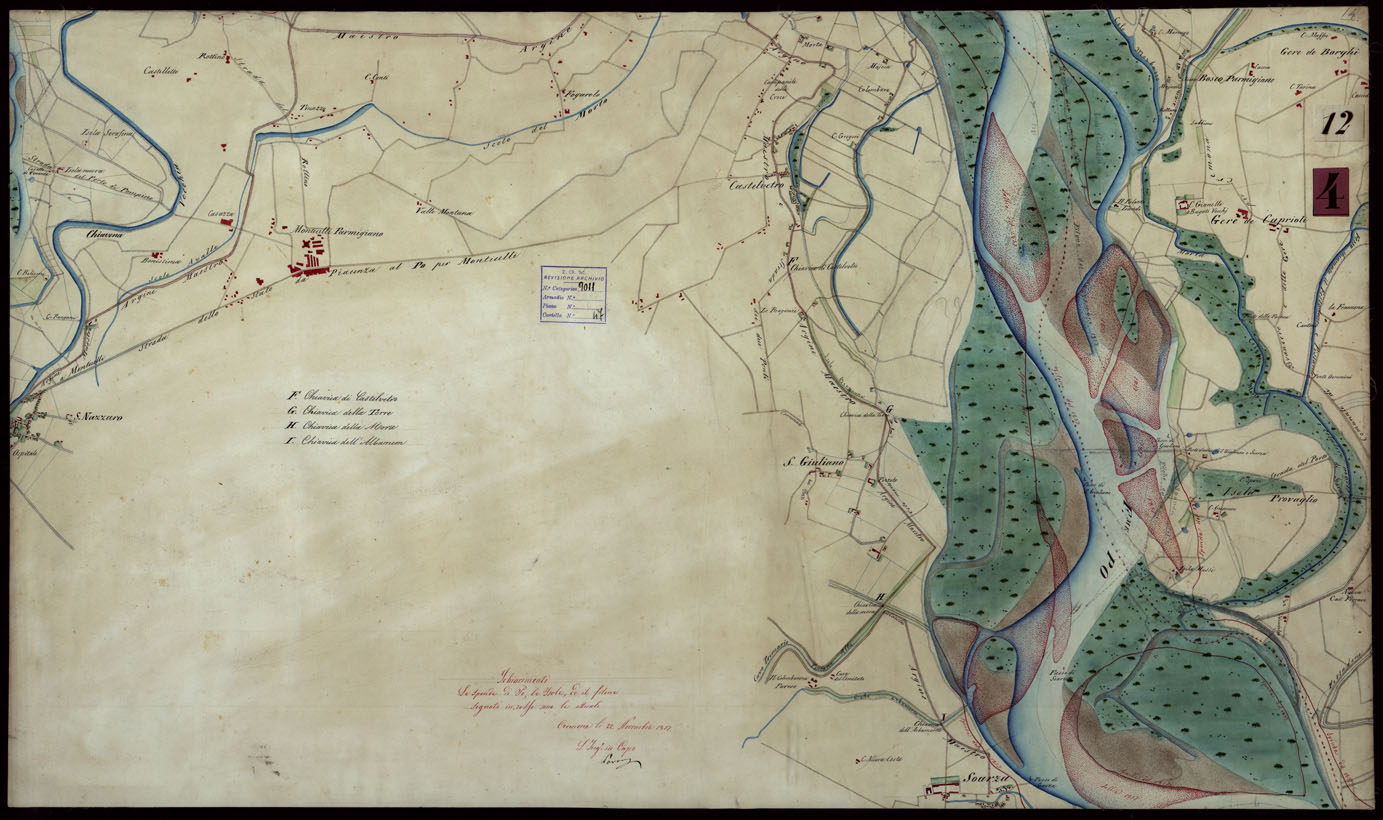 (N:9160) Corografia del fiume Po dalla confluenza del Ticino al Mare Adriatico, col riferimento ai fogli parziali della Carta Generale -Tavola 12 (CA004055) Carte e stampe antiche: riproduzione a colori su carta (formato A1)