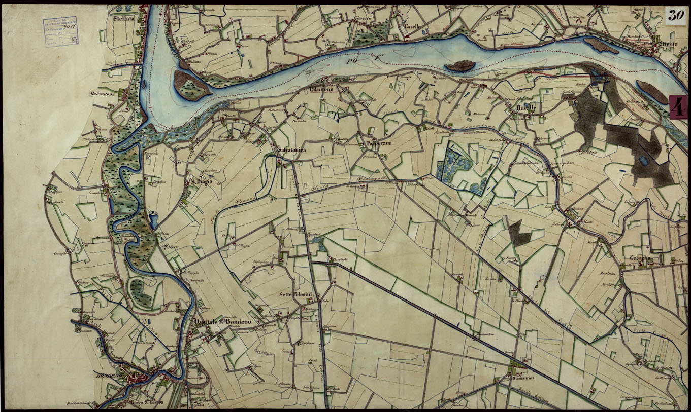 (N:9179) Corografia del fiume Po dalla confluenza del Ticino al Mare Adriatico, col riferimento ai fogli parziali della Carta Generale -Tavola 30 (CA004073) Carte e stampe antiche: riproduzione a colori su carta (formato A1)
