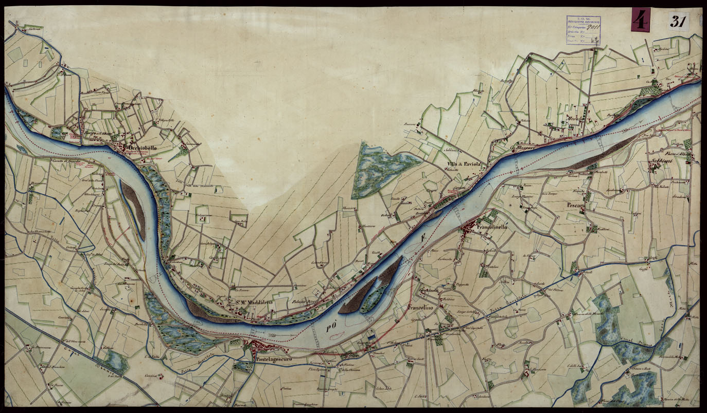 (N:9180) Corografia del fiume Po dalla confluenza del Ticino al Mare Adriatico, col riferimento ai fogli parziali della Carta Generale - Tavola 31 (CA004074) Carte e stampe antiche: riproduzione a colori su carta (formato A1)