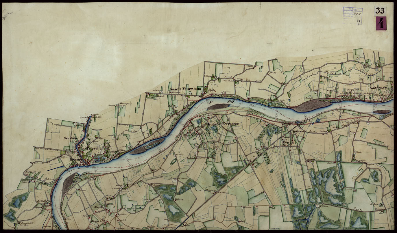 (N:9181) Corografia del fiume Po dalla confluenza del Ticino al Mare Adriatico, col riferimento ai fogli parziali della Carta Generale -Tavola 33 (CA004076) Carte e stampe antiche: riproduzione a colori su carta (formato A1)