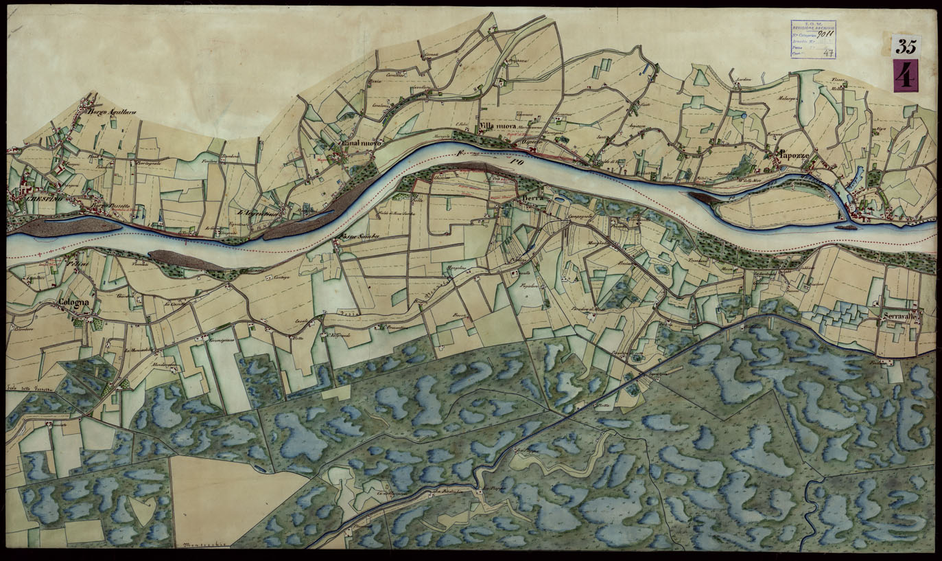 (N:9183) Corografia del fiume Po dalla confluenza del Ticino al Mare Adriatico, col riferimento ai fogli parziali della Carta Generale -Tavola 35 (CA004078) Carte e stampe antiche: riproduzione a colori su carta (formato A1)