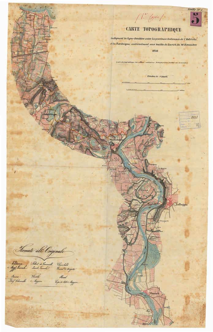 (N:9084) CARTE TOPOGRAFIQUE INDIQUANT LA LIGNE - FRONTIERE ENTRE LES PROVINCES ITALIENNES DE L'AUTRICHE ET LA SARDAIGNE CONFORMEMENT AUX TRAITES DE ZURICH - Foglio 1 (CA004091) Carte e stampe antiche: riproduzione a colori su carta (formato A1)