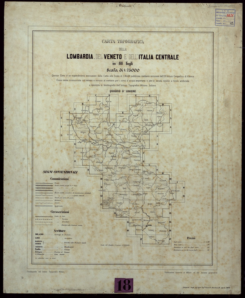 (N:14586) CARTA TOPOGRAFICA DELLA LOMBARDIA, DEL VENETO E DELL'ITALIA CENTRALE ALLA SCALA DI 1:75.000 - QUADRO D'UNIONE (CA004174) Carte e stampe antiche: riproduzione a colori su carta (formato A1)