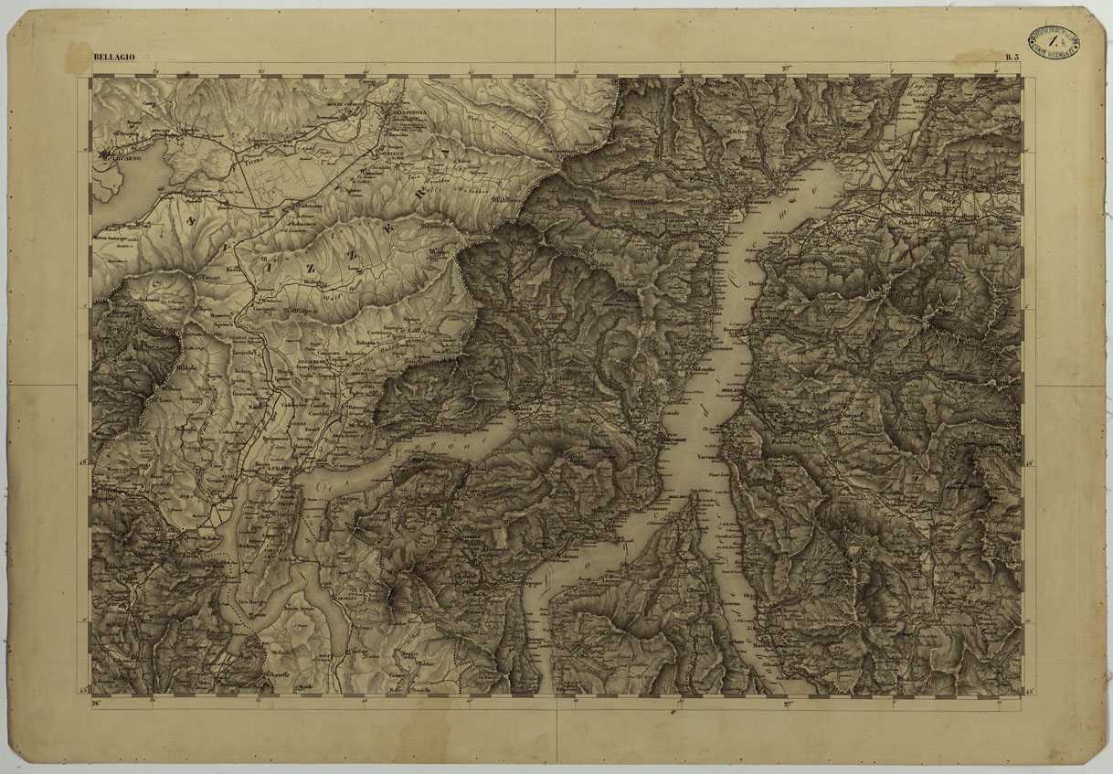 (N:11699) CARTA TOPOGRAFICA DELLA LOMBARDIA, DEL VENETO E DELL'ITALIA CENTRALE IN 88 FOGLI - B.3 COMO (CA004243) Carte e stampe antiche: riproduzione a colori su carta (formato A1)