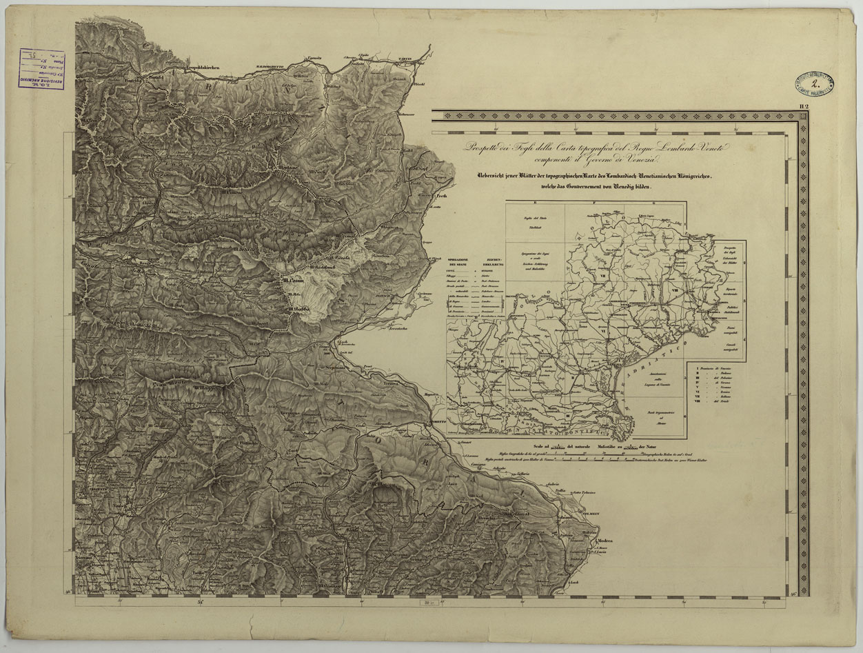 (N:14750) CARTA TOPOGRAFICA DEL REGNO LOMBARDO-VENETO COSTRUTTA SOPRA MISURE ASTRONOMICO-TRIGONOMETRICHE ED INCISA A MILANO NELL'ISTITUTO GEOGRAFICO MILITARE DELL'I.R. STATO MAGGIORE GENARALE AUSTRIACO PUBBLICATA NELL'ANNO - Q,U. H.2 (CA004374) Carte e stampe antiche: riproduzione a colori su carta (formato A1)