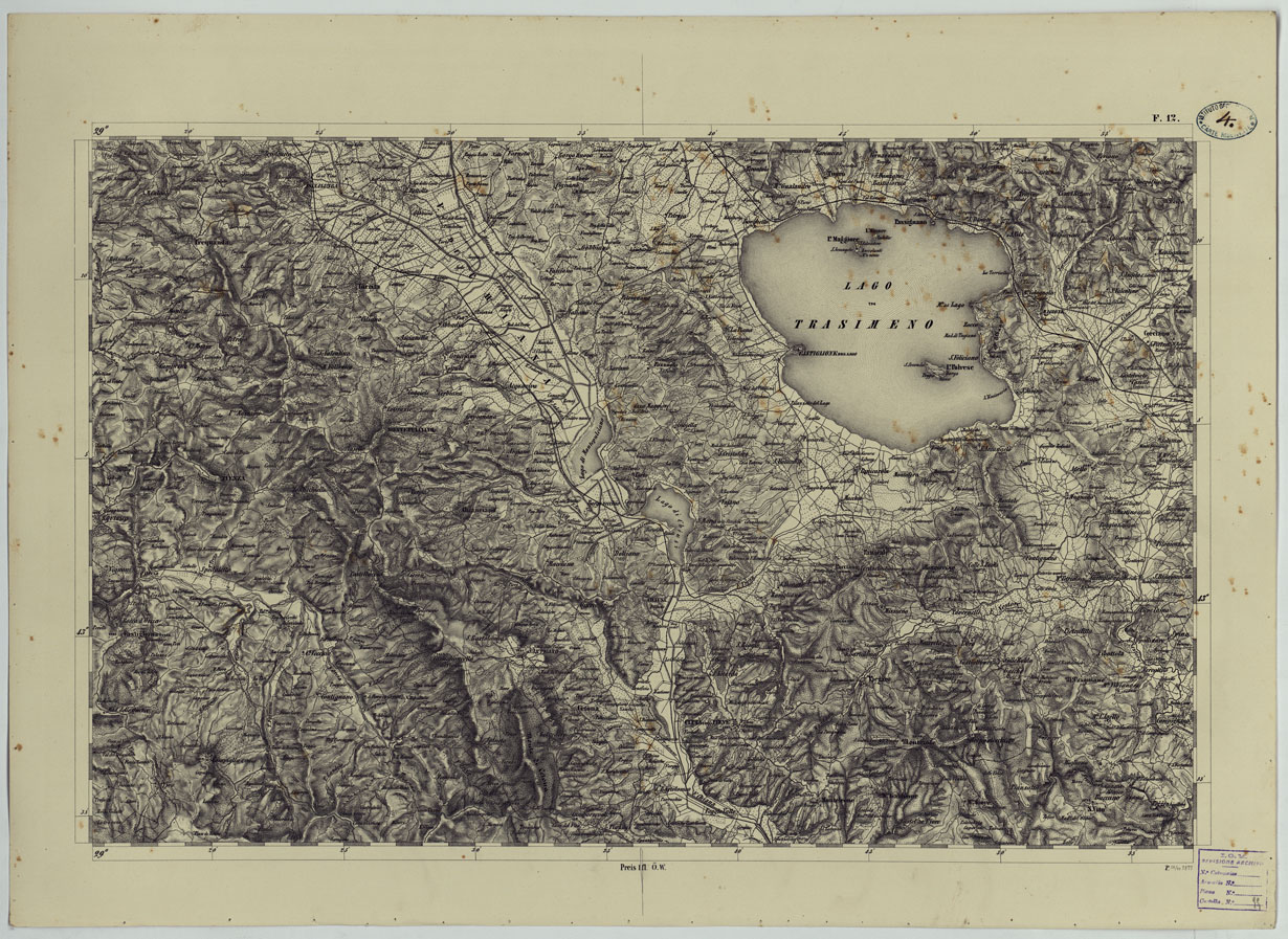 (N:24523) CARTA TOPOGRAFICA DELLO STATO PONTIFICIO E DAL GRAN-DUCATO DI TOSCANA COSTRUTTA SOPRA MISURE ASTRONOMICO TRIGONOMETRICHE CHE ED INCISA SOPRA PIETRA A VIENNA NELL'I.R. ISTITUTO GEOGRAFICO MILITARE PUBBLICATA NELL'ANNO 1851 - FOG. F.12 (CA004520) Carte e stampe antiche: riproduzione a colori su carta (formato A1)