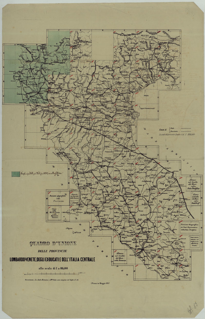 (N:11978) CARTA TOPOGRAFICA DELLE PROVINCIE LOMBARDO-VENETE E DEGLI EX DUCATI ALLA SCALA DI 1:86.400 1865 - QUADRO D'UNIONE (CA004545) Carte e stampe antiche: riproduzione a colori su carta (formato A1)