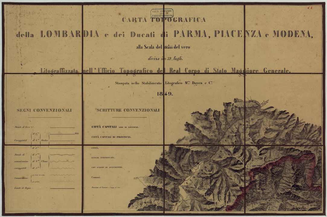 (N:11646) CARTA TOPOGRAFICA DELLA LOMBARDIAE DEI DUCATI DI PARMA, PIACENZA E MODENA ALLA SCALA DEL 1 86.400 DEL VERO DIVISA IN 32 FOGLI. LITOGRAFFIZZATA NELL'UFFICIO TOPOGRAFICO DEL REAL CORPO DI STATO MAGGIORE GENERALE - FOG. C.1 (CA004718) Carte e stampe antiche: riproduzione a colori su carta (formato A1)