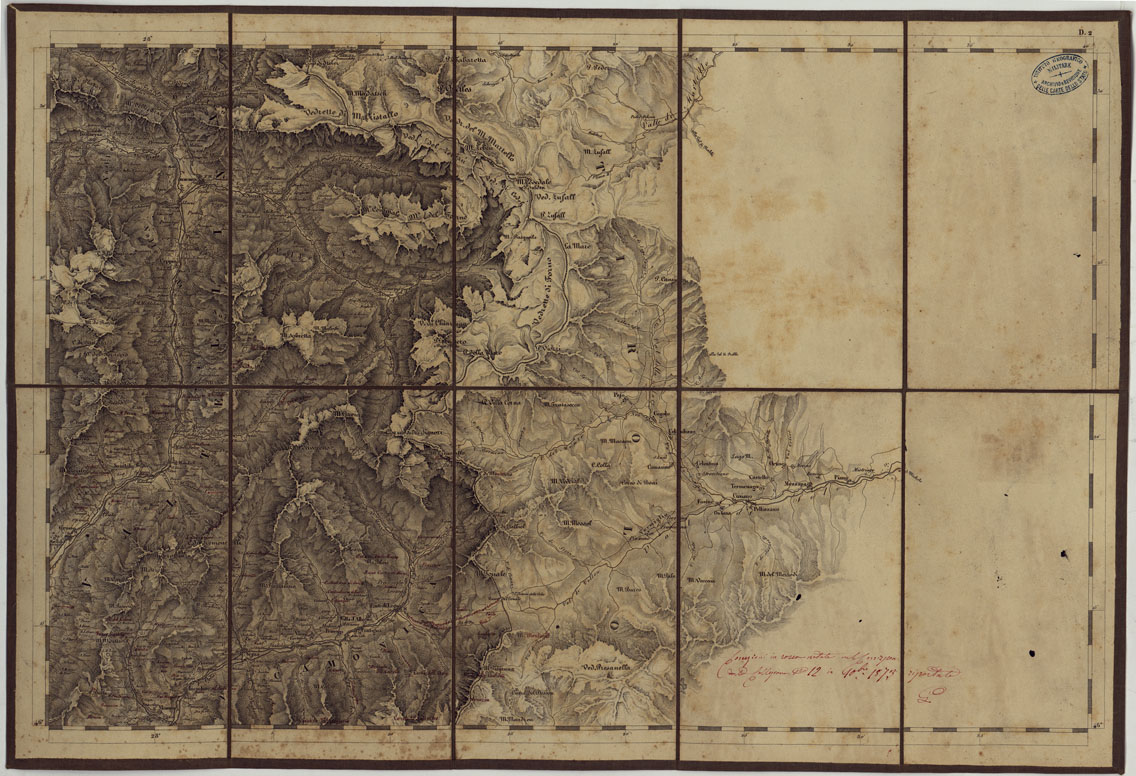 (N:14831) CARTA TOPOGRAFICA REGNO LOMBARDO-VENETO COSTRUTTA SOPRA MISURE ASTRONOMICO-TRIGONOMETRICHE ED INCISA A MILANO NELL'ISTITUO GEOGRAFICO MILTARE DELL'I.R. STATO MAGGIORE GENERALE AUSTRIACO. PUBBLICATA NELL'ANNO 1833 RETTIFICA NELL'ANNO 1856 - FOG.D2. (CA004771) Carte e stampe antiche: riproduzione a colori su carta (formato A1)