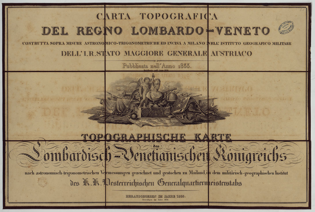 (N:14814) CARTA TOPOGRAFICA REGNO LOMBARDO-VENETO COSTRUTTA SOPRA MISURE ASTRONOMICO-TRIGONOMETRICHE ED INCISA A MILANO NELL'ISTITUO GEOGRAFICO MILTARE DELL'I.R. STATO MAGGIORE GENERALE AUSTRIACO. PUBBLICATA NELL'ANNO 1833 RETTIFICA NELL'ANNO 1856 - TITOLO (CA004776) Carte e stampe antiche: riproduzione a colori su carta (formato A1)
