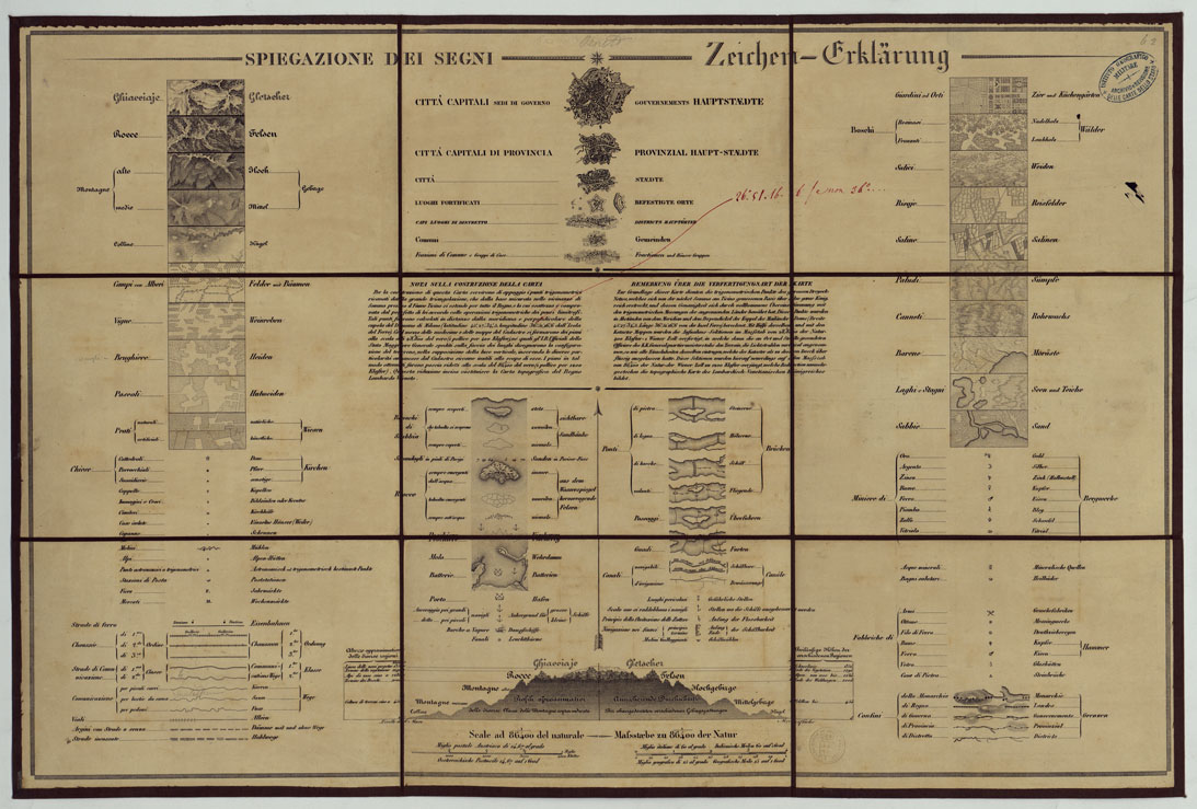 (N:14855) CARTA TOPOGRAFICA REGNO LOMBARDO-VENETO COSTRUTTA SOPRA MISURE ASTRONOMICO-TRIGONOMETRICHE ED INCISA A MILANO NELL'ISTITUO GEOGRAFICO MILTARE DELL'I.R. STATO MAGGIORE GENERALE AUSTRIACO. PUBBLICATA NELL'ANNO 1833 RETTIFICA NELL'ANNO 1856 - SEGNI CONVEN. (CA004777) Carte e stampe antiche: riproduzione a colori su carta (formato A1)