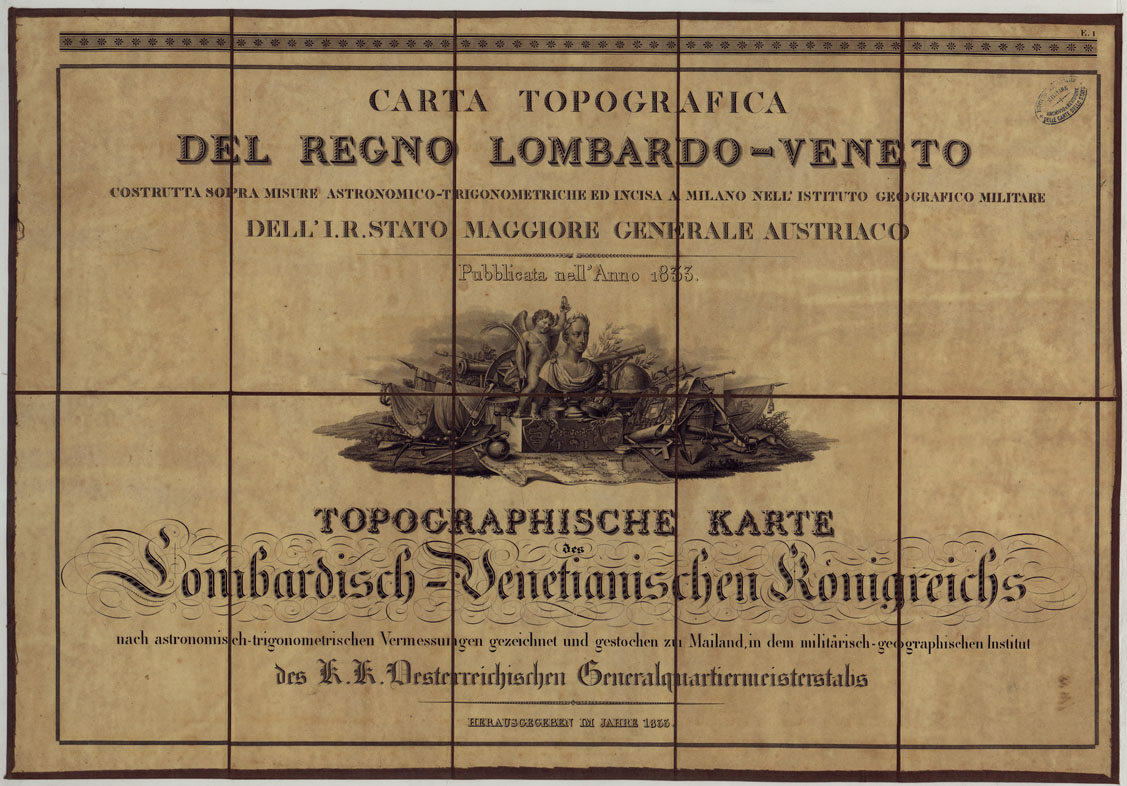 (N:24551) CARTA TOPOGRAFICA REGNO LOMBARDO-VENETO COSTRUTTA SOPRA MISURE ASTRONOMICO-TRIGONOMETRICHE ED INCISA A MILANO NELL'ISTITUO GEOGRAFICO MILTARE DELL'I.R. STATO MAGGIORE GENERALE AUSTRIACO. PUBBLICATA NELL'ANNO 1833 - FOGLIO E.1 TITOLO (CA004797) Carte e stampe antiche: riproduzione a colori su carta (formato A1)