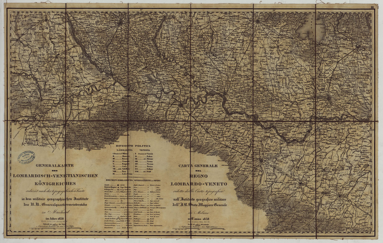 (N:14859) CARTA GENERALE DEL REGNO LOMBARDO-VENETO RIDOTTA DALLA CARTA TOPOGRAFICA NELL'ISTTUTO GEOGRAFICO MILITARE DELL'I.R. STATO MAGGIORE GENERALE IN MILANO NELL'ANNO 1838 - TAVOLA III (CA004827) Carte e stampe antiche: riproduzione a colori su carta (formato A1)
