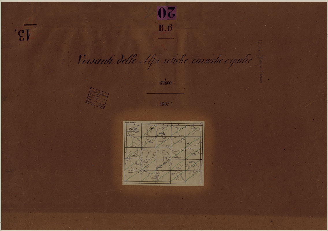 (N:95) CARTA DEI VERSANTI DELLE ALPI RETICHE CARNICHE E GIULIE ALLA SCALA DI 1 AL 172.800 - QUADRO D'UNIONE (CA004829) Carte e stampe antiche: riproduzione a colori su carta (formato A1)