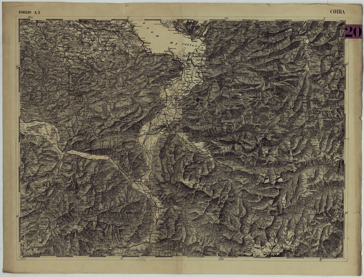 (N:83) CARTA DEI VERSANTI DELLE ALPI RETICHE CARNICHE E GIULIE ALLA SCALA DI 1 AL 172.800 - FOGLIO A.2. COIRA (CA004830) Carte e stampe antiche: riproduzione a colori su carta (formato A1)