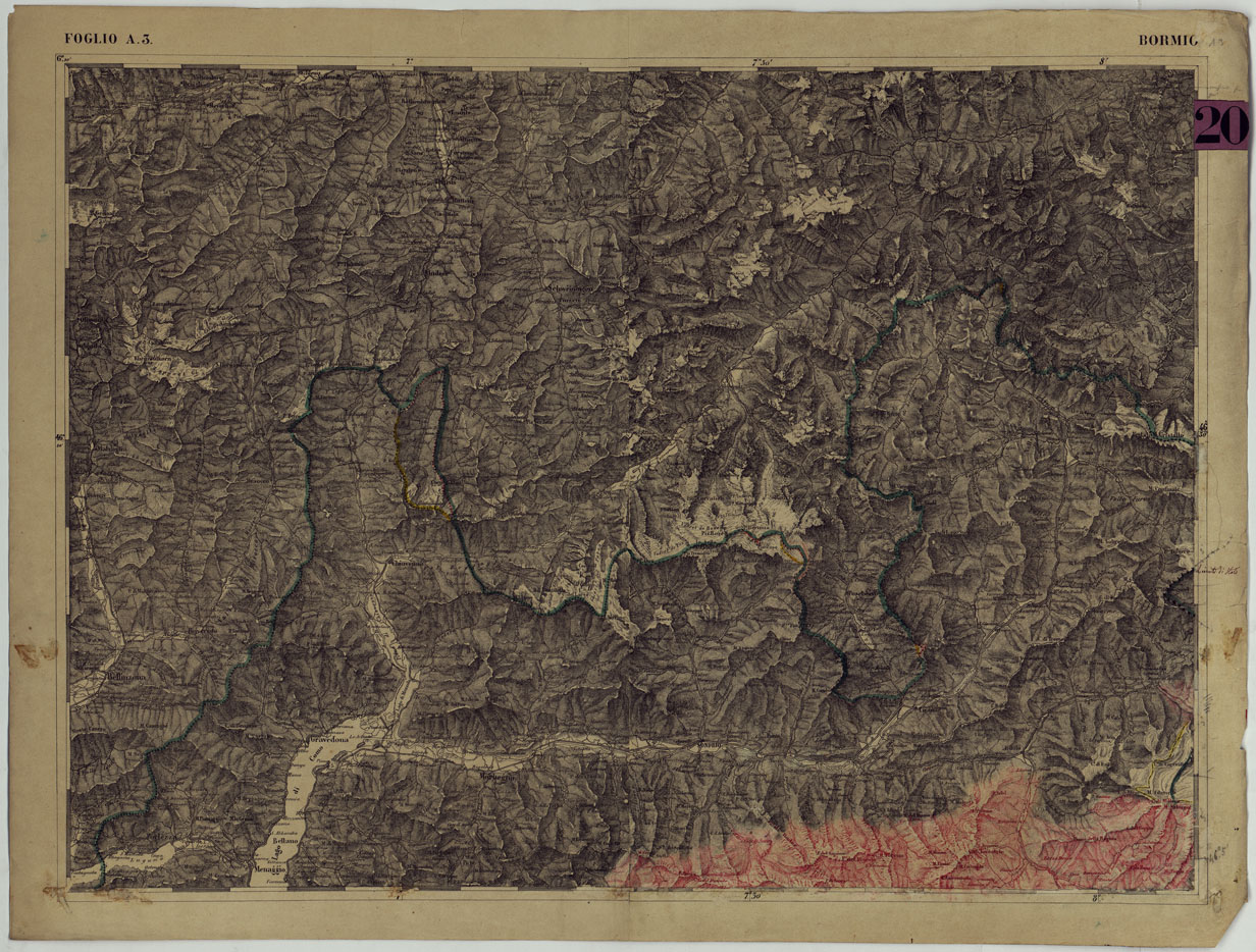 (N:81) CARTA DEI VERSANTI DELLE ALPI RETICHE CARNICHE E GIULIE ALLA SCALA DI 1 AL 172.800 - FOGLIO A.3. BORMIO (CA004831) Carte e stampe antiche: riproduzione a colori su carta (formato A1)