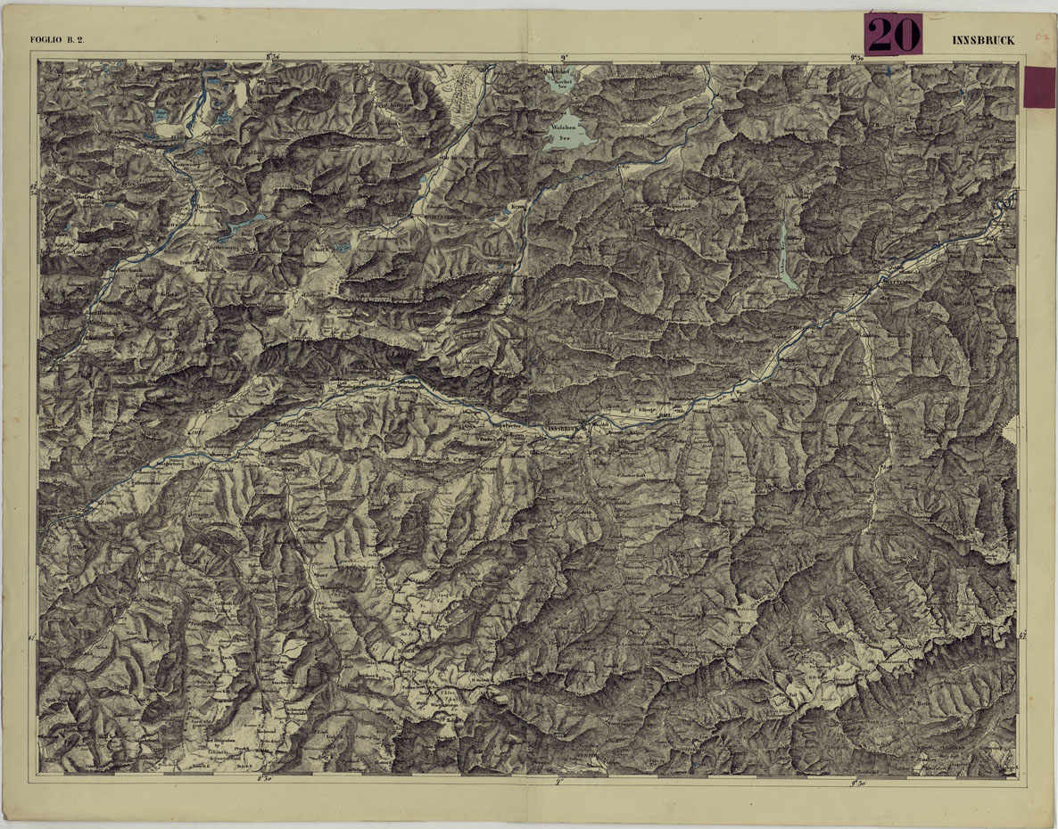 (N:86) CARTA DEI VERSANTI DELLE ALPI RETICHE CARNICHE E GIULIE ALLA SCALA DI 1 AL 172.800 - FOGLIO B.2. INNSBRUCK (CA004835) Carte e stampe antiche: riproduzione a colori su carta (formato A1)
