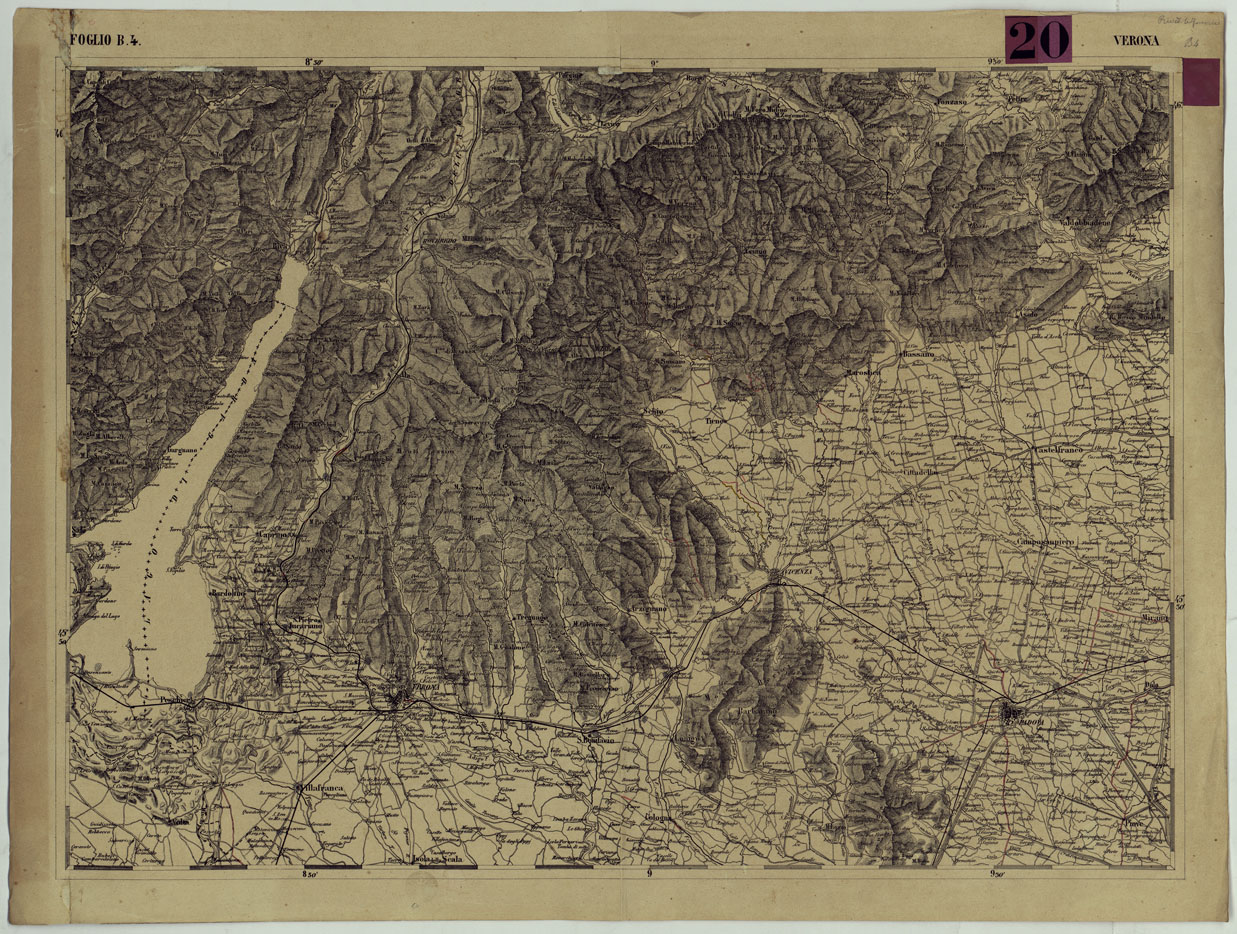 (N:101) CARTA DEI VERSANTI DELLE ALPI RETICHE CARNICHE E GIULIE ALLA SCALA DI 1 AL 172.800 - FOGLIO B.4. VERONA (CA004836) Carte e stampe antiche: riproduzione a colori su carta (formato A1)