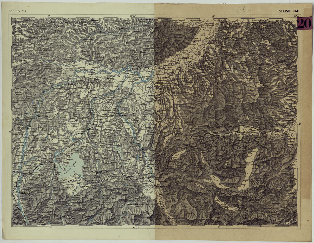 (N:97) CARTA DEI VERSANTI DELLE ALPI RETICHE CARNICHE E GIULIE ALLA SCALA DI 1 AL 172.800 - FOGLIO C.1. SALISBURGO (CA004838) Carte e stampe antiche: riproduzione a colori su carta (formato A1)