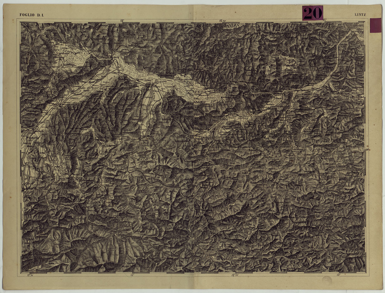 (N:88) CARTA DEI VERSANTI DELLE ALPI RETICHE CARNICHE E GIULIE ALLA SCALA DI 1 AL 172.800 - FOGLIO D.1. LINTZ (CA004842) Carte e stampe antiche: riproduzione a colori su carta (formato A1)