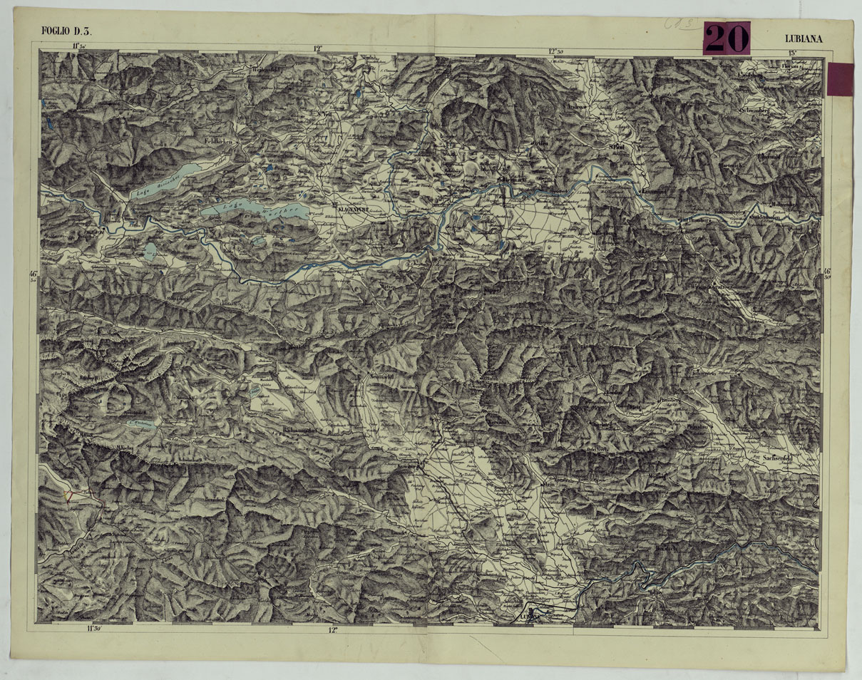 (N:89) CARTA DEI VERSANTI DELLE ALPI RETICHE CARNICHE E GIULIE ALLA SCALA DI 1 AL 172.800 - FOGLIO D.3. LUBIANA (CA004844) Carte e stampe antiche: riproduzione a colori su carta (formato A1)