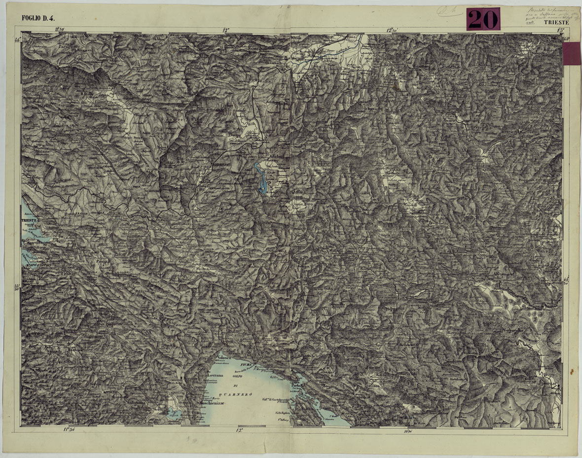 (N:98) CARTA DEI VERSANTI DELLE ALPI RETICHE CARNICHE E GIULIE ALLA SCALA DI 1 AL 172.800 - FOGLIO D.4. TRIESTE (CA004845) Carte e stampe antiche: riproduzione a colori su carta (formato A1)