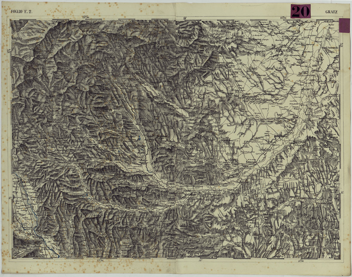 (N:85) CARTA DEI VERSANTI DELLE ALPI RETICHE CARNICHE E GIULIE ALLA SCALA DI 1 AL 172.800 - FOGLIO E.2. GRANTZ (CA004848) Carte e stampe antiche: riproduzione a colori su carta (formato A1)