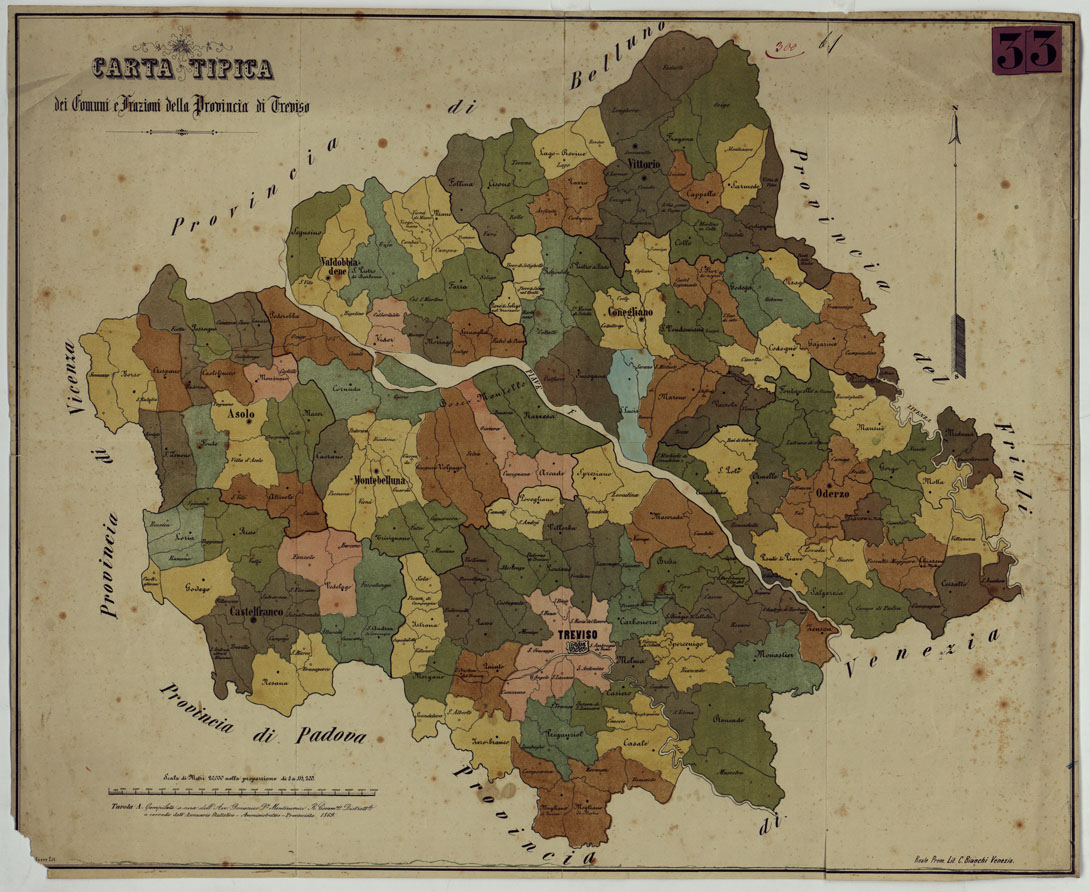 (N:9019) CARTA TIPICA DEI COMUNI E FRAZIONI DELLA PROVINCIA DI TREVISO. (CA005002) Carte e stampe antiche: riproduzione a colori su carta (formato A1)