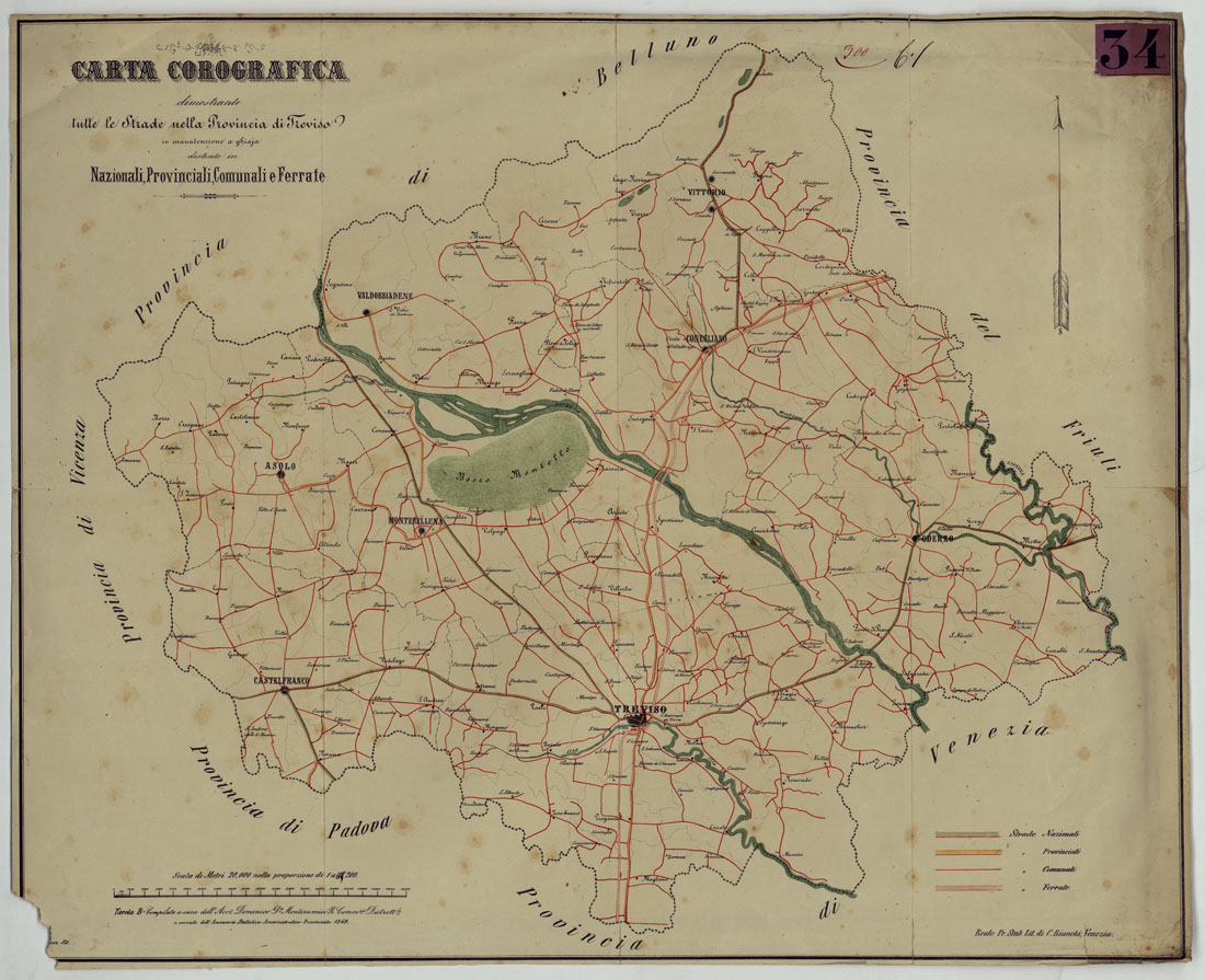 (N:16394) CARTA COROGRAFICA DIMOSTRANTE TUTTE LE STRADE NELLA PROVINCIA DI TREVISO IN MANUTENZIONE A GHIAIA DISTANTE IN NAZIONALI, PROVINCIALI, COMUNALI E FERRATE. (CA005003) Carte e stampe antiche: riproduzione a colori su carta (formato A1)