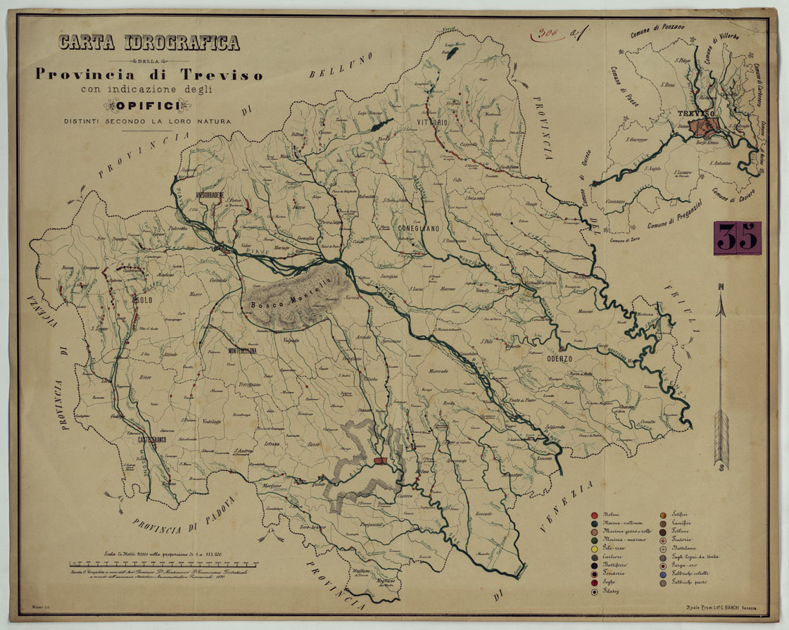 (N:5436) CARTA IDROGRAFICA DELLA PROVINCIA DI TREVISO CON INDICAZIONI DEGLI OPIFICI DISTINTI SECONDO LA LORO NATURA. (CA005004) Carte e stampe antiche: riproduzione a colori su carta (formato A1)