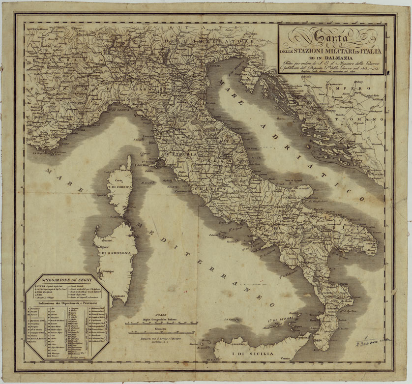 (N:964) CARTA DELLE STAZIONI MILITARI IN ITALIA ED IN DALMAZIA FATTA PER ORDINE DI S.E. IL MINISTRO DELLA GUERRA PUBBLICATA DAL DEPOSITO G.LE DELLA GUERRA NEL 1803 RETTIFICATA NELLE DISTANZE, ED ACCRESCIUTA NEL 1806. (CA005201) Carte e stampe antiche: riproduzione a colori su carta (formato A1)
