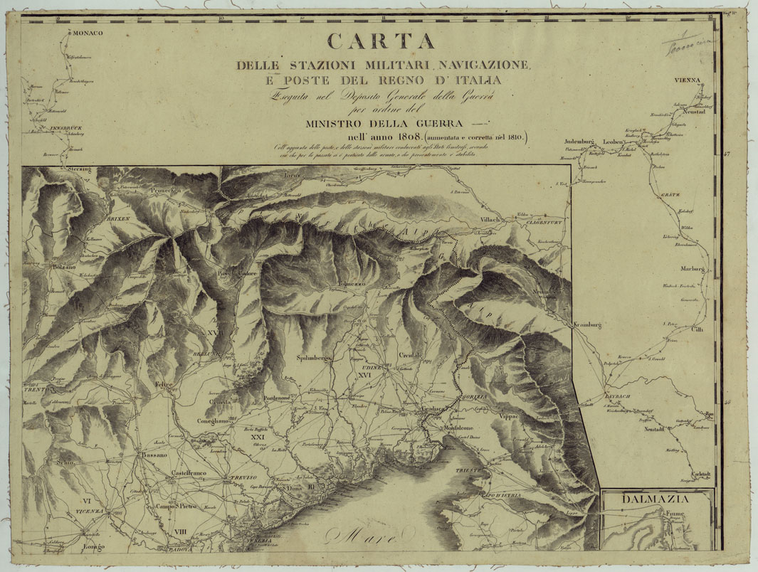 (N:962) CARTA DELLE STAZIONI MILITARI, NAVIGAZIONE, E POSTE DEL REGNO D'ITALIA. ESEGUITA NEL DEPOSITO GENERALE DELLA GUERRA PER ORDINE DEL MINISTRO DELLA GUERRA NELL'ANNO (AUMENTATA E CORRETTA NEL 1810) - FOG. II (CA005203) Carte e stampe antiche: riproduzione a colori su carta (formato A1)