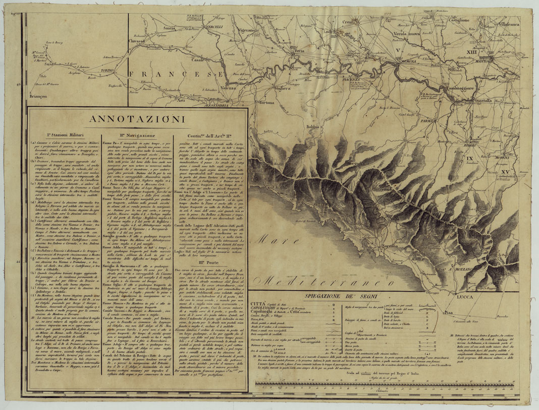 (N:961) CARTA DELLE STAZIONI MILITARI, NAVIGAZIONE, E POSTE DEL REGNO D'ITALIA. ESEGUITA NEL DEPOSITO GENERALE DELLA GUERRA PER ORDINE DEL MINISTRO DELLA GUERRA NELL'ANNO (AUMENTATA E CORRETTA NEL 1810) - FOG. III (CA005204) Carte e stampe antiche: riproduzione a colori su carta (formato A1)