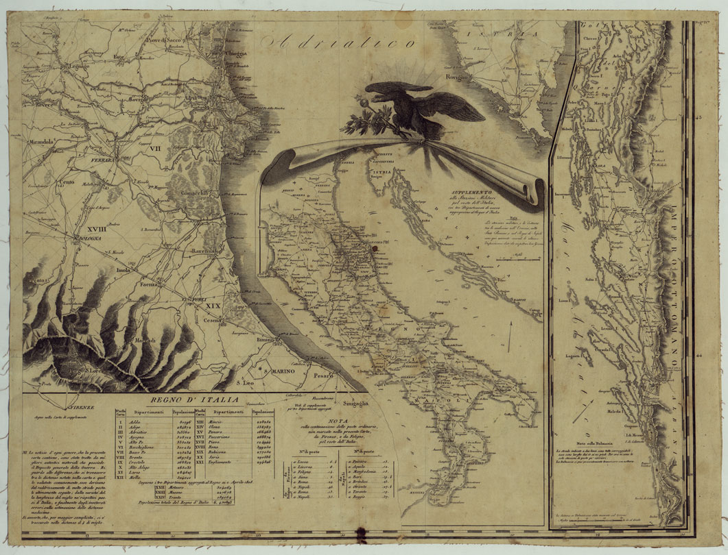 (N:960) CARTA DELLE STAZIONI MILITARI, NAVIGAZIONE, E POSTE DEL REGNO D'ITALIA. ESEGUITA NEL DEPOSITO GENERALE DELLA GUERRA PER ORDINE DEL MINISTRO DELLA GUERRA NELL'ANNO (AUMENTATA E CORRETTA NEL 1810) - FOG. IV (CA005205) Carte e stampe antiche: riproduzione a colori su carta (formato A1)