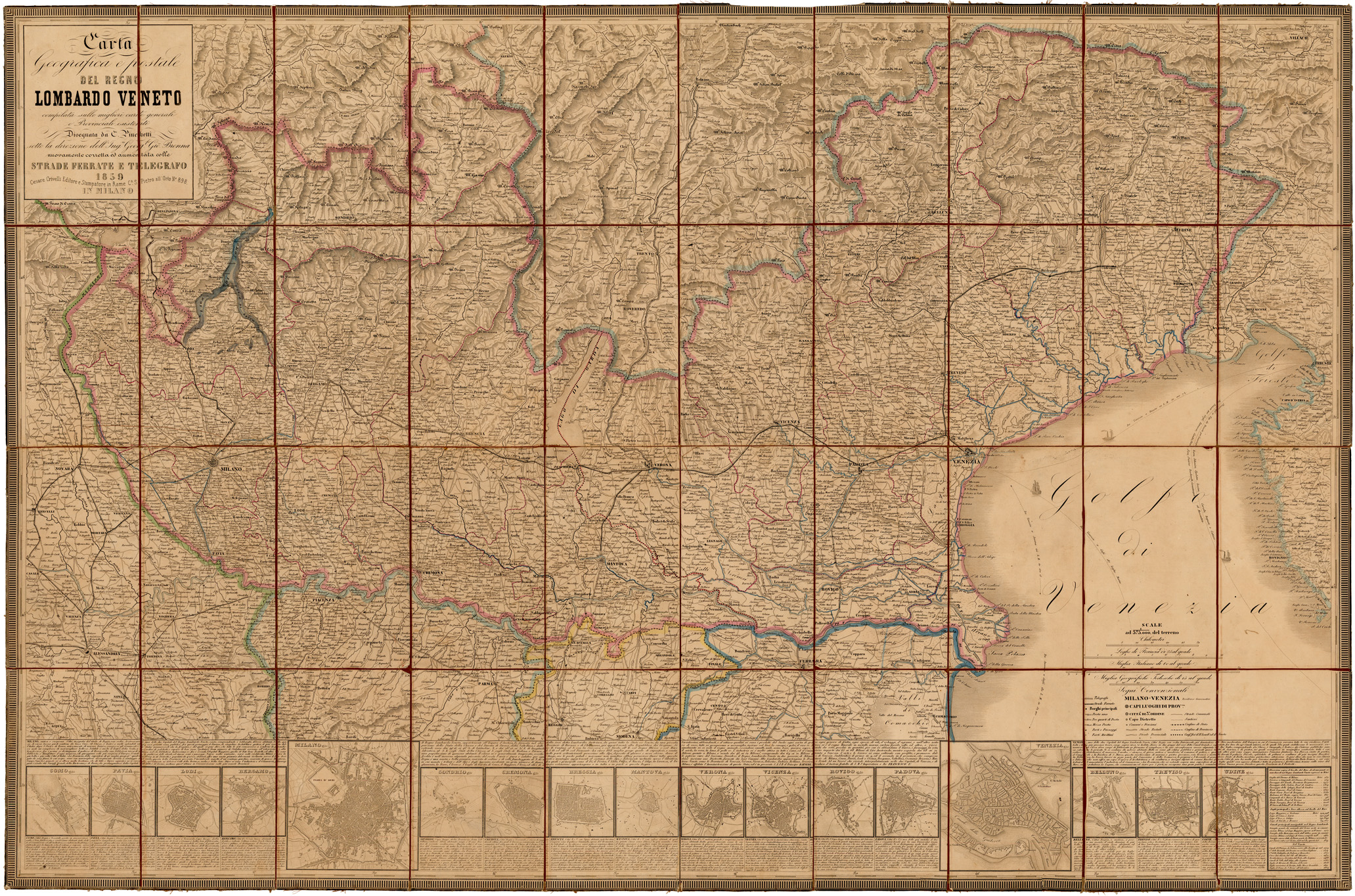 (N:14861) CARTA GEOGRAFICA E POSTALE DEL REGNO LOMBARDO VENETO COMPILATA SULLE MIGLIORI CARTE GENERALI EPROVINCIALI ESISTENTI DISEGNATA DA C. PINCHETTI SOTTO LA DIREZIONE DELL'ING.GEOG. GIO' BRENNA (CA005222) Carte e stampe antiche: riproduzione a colori su carta (formato A1)