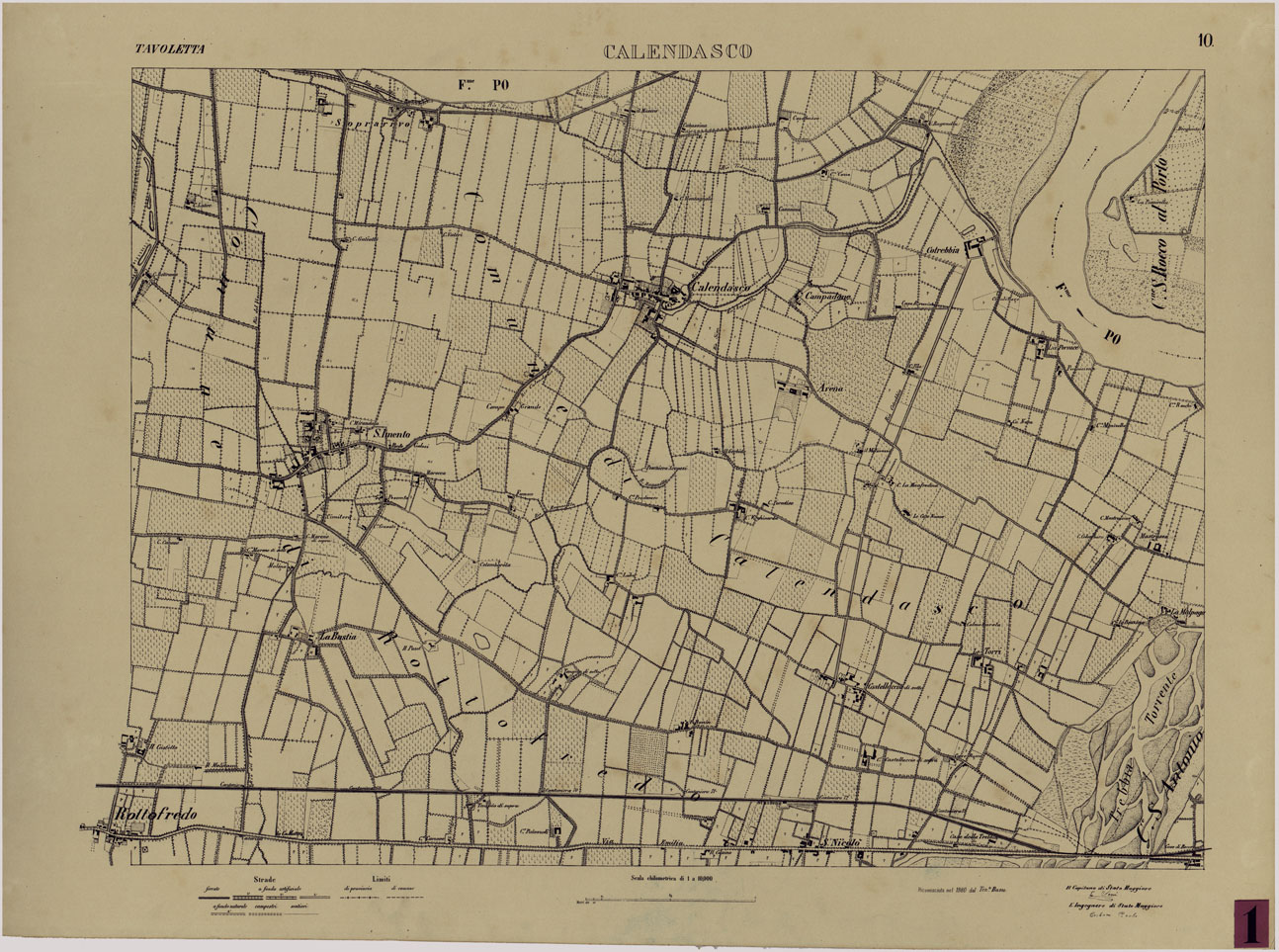(N:24726) Valle del Po - Piacenza, Cremona, Pizzighettone - Tavola 10 - Calendasco (CA005400) Carte e stampe antiche: riproduzione a colori su carta (formato A1)