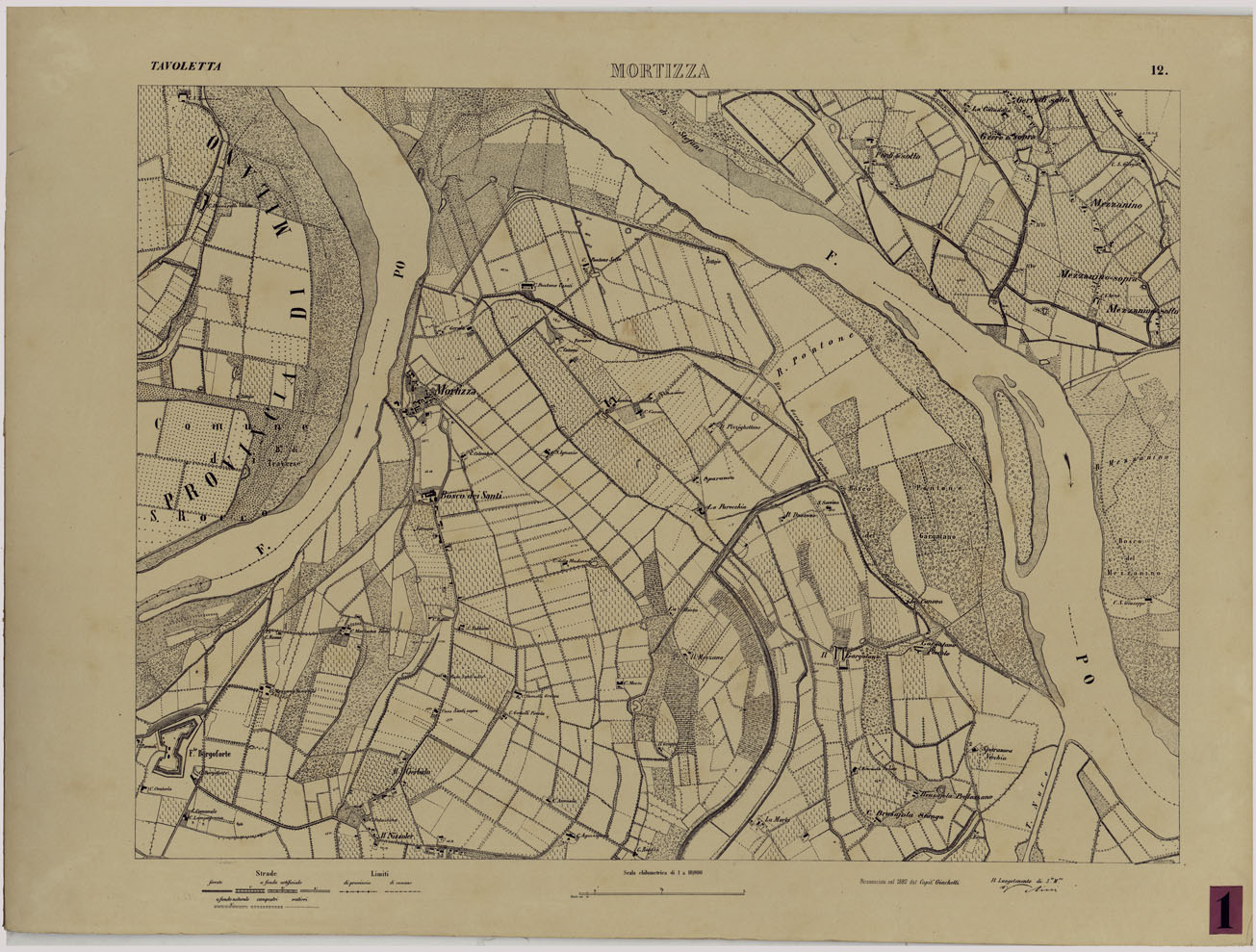 (N:24728) Valle del Po - Piacenza, Cremona, Pizzighettone - Tavola 12 - Mortizza (CA005402) Carte e stampe antiche: riproduzione a colori su carta (formato A1)