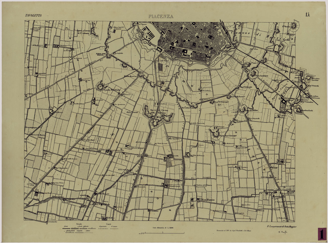 (N:24730) Valle del Po - Piacenza, Cremona, Pizzighettone - Tavola 15 - Piacenza (CA005404) Carte e stampe antiche: riproduzione a colori su carta (formato A1)