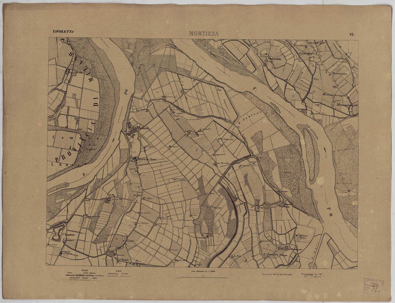 (N:24744) Valle del Po - Piacenza, Cremona, Pizzighettone - Tavola 12 - Mortizza (CA005418) Carte e stampe antiche: riproduzione a colori su carta (formato A1)